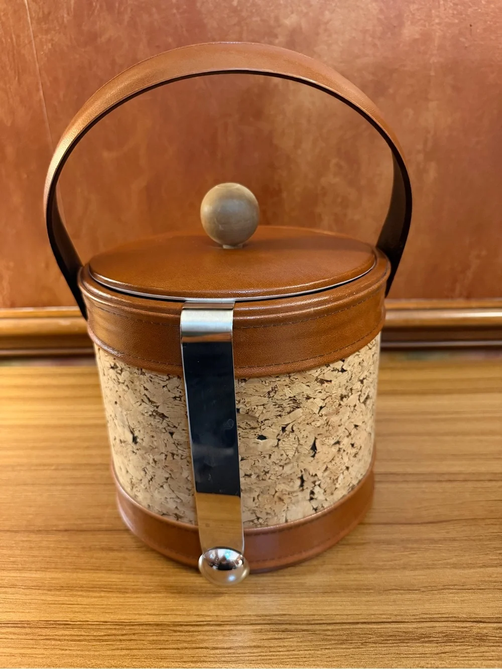 Vintage Mid Century Modern Cork Ice Bucket Faux Leather MCM Barware Tongs Set